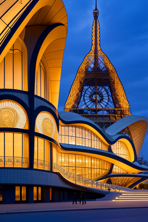 , Museum, sunset, in Paris, Art Nouveau Architecture, designed by Oscar Niemeyer, night time, designed by Richard Rogers, designed by Zaha Hadid, Islamic architecture