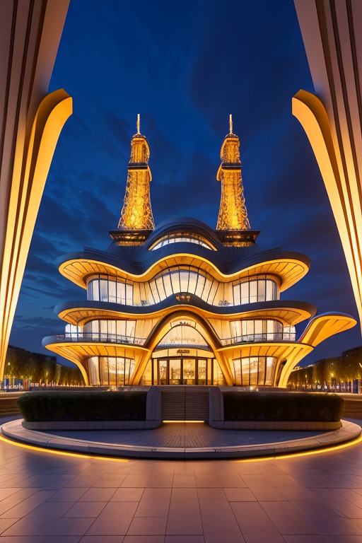 , Museum, sunset, in Paris, Art Nouveau Architecture, designed by Oscar Niemeyer, night time, designed by Richard Rogers, designed by Zaha Hadid, Islamic architecture, designed by Philip Johnson