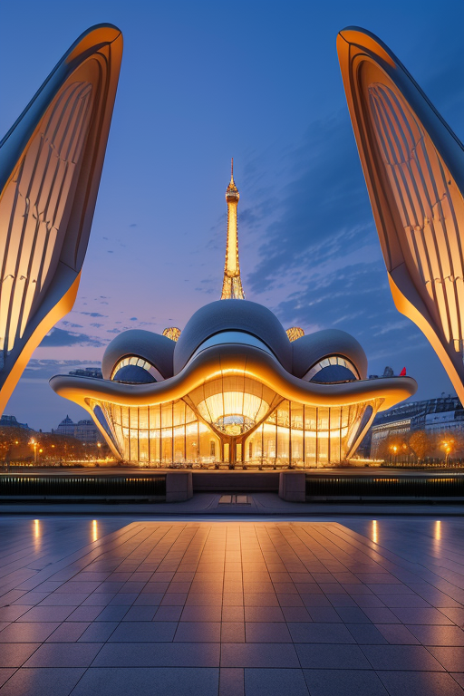 , Museum, sunset, in Paris, Art Nouveau Architecture, designed by Oscar Niemeyer, night time, designed by Richard Rogers, designed by Zaha Hadid, Islamic architecture, designed by Philip Johnson