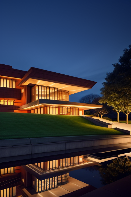 , Post-Modern Architecture, designed by Frank Lloyd Wright, night time, in London