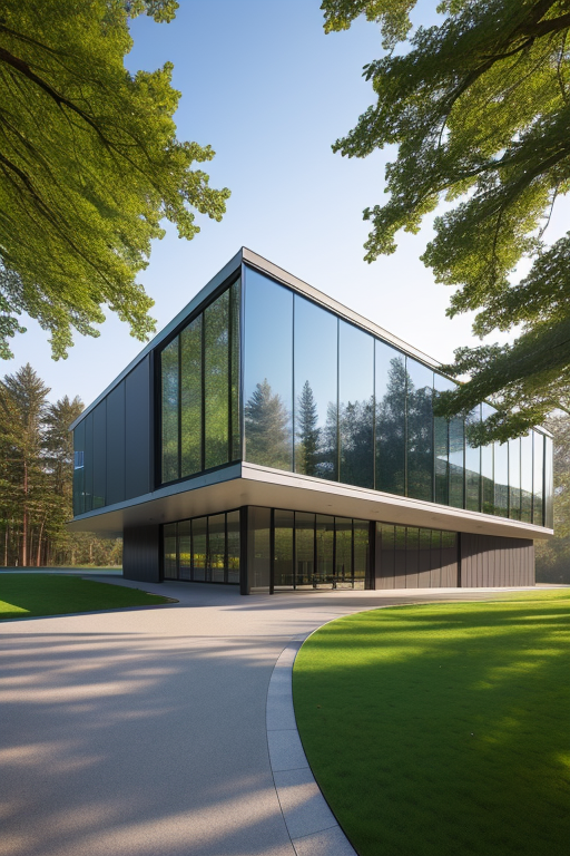 Office, Modern Architecture, morning, in the forest, beautiful building, Ultra hd, editorial, iso 400, 8k, full frame, landscape, designed by Norman Foster, Post-Modern Architecture, morning