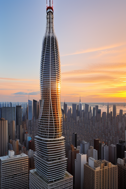 , Tower, designed by Oscar Niemeyer, Modern Architecture, sunset, in New York, in Tokyo, designed by Frank Gehry