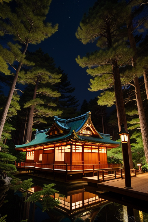 , Restaurant, designed by Gaudi, Japanese architecture, night time, in the forest