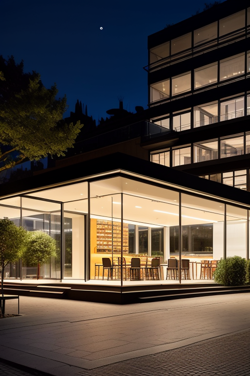 Cafe, designed by Mies Van der Rohe, Modern Architecture, night time, in Barcelona, Factory, Museum, Mansion, designed by Norman Foster, in Paris, Brutalist Architecture, designed by Frank Gehry, Mansion