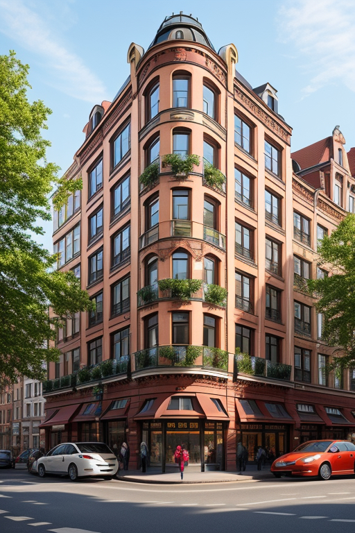 brick exterior, stores on the street level, three stories high, , Building, Art Nouveau Architecture, afternoon, in Berlin