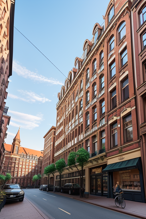 brick exterior, stores on the street level, three stories high, , Building, Art Nouveau Architecture, afternoon, in Berlin