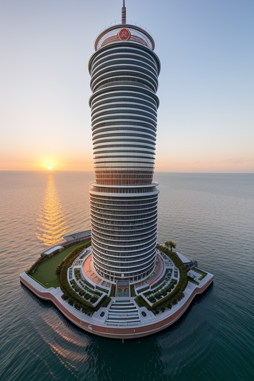 , Tower, designed by Renzo Piano, Chinesearchitecture, sunset, in the ocean