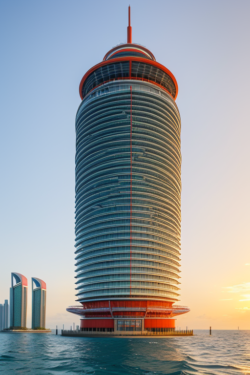 , Tower, designed by Renzo Piano, Chinesearchitecture, sunset, in the ocean