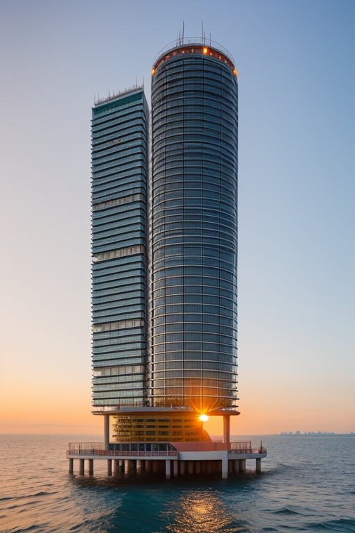 , Tower, designed by Renzo Piano, Chinesearchitecture, sunset, in the ocean