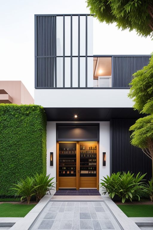 , Restaurant, Modern Architecture, sunset fachada de salon bar, de 14 metros de ancho, con un ingreso principal de puerta doble, con vidrio repartido, ventanas amplias que ocupen todo el frente yn  un ingreso alternativo en el lado derecho como puerta de servicio, con algunas plantas en el frente