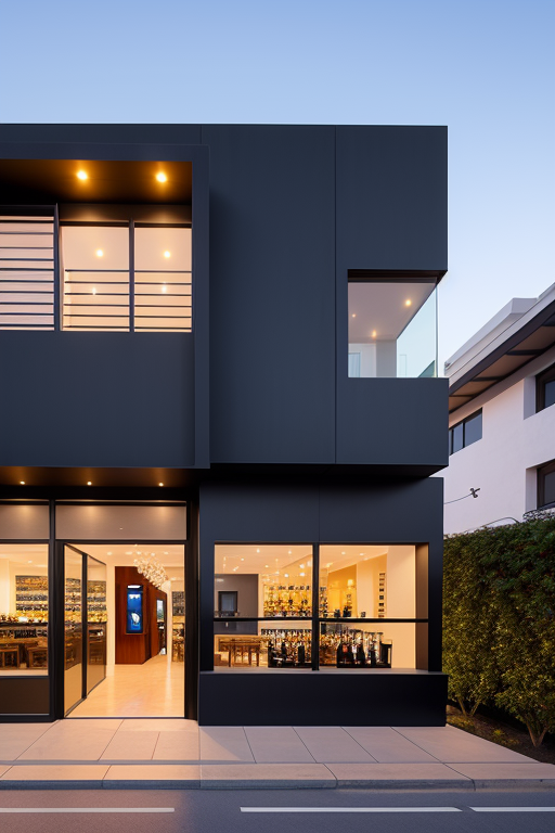 , Restaurant, Modern Architecture, sunset fachada de salon bar, de 14 metros de ancho, con un ingreso principal de puerta doble, con vidrio repartido, ventanas amplias que ocupen todo el frente y  un ingreso alternativo en el lado derecho como puerta de servicio,