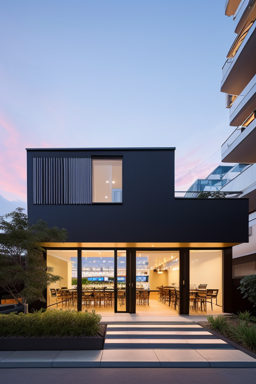 , Restaurant, Modern Architecture, sunset fachada de salon bar, de 14 metros de ancho, con un ingreso principal de puerta doble, con vidrio repartido, ventanas amplias que ocupen todo el frente y  un ingreso alternativo en el lado derecho como puerta de servicio,