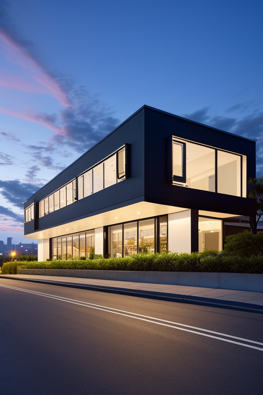 , Restaurant, Modern Architecture, sunset fachada de salon bar, de 14 metros de ancho, con un ingreso principal de puerta doble, con vidrio repartido, ventanas amplias que ocupen todo el frente y  un ingreso alternativo en el lado derecho como puerta de servicio,