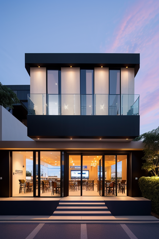 , Restaurant, Modern Architecture, sunset fachada de salon bar, de 14 metros de ancho, con un ingreso principal de puerta doble, con vidrio repartido, ventanas amplias que ocupen todo el frente y  un ingreso alternativo en el lado derecho como puerta de servicio, 