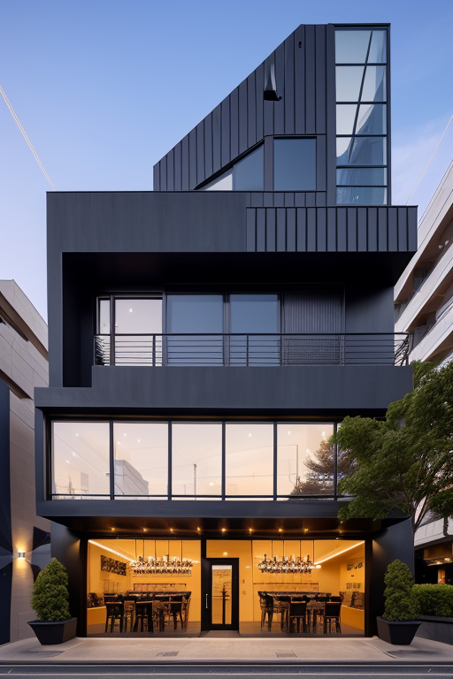 , Restaurant, Modern Architecture, sunset fachada de salon bar, de 14 metros de ancho, con un ingreso principal de puerta doble, con vidrio repartido, ventanas amplias que ocupen todo el frente y  un ingreso alternativo en el lado derecho como puerta de servicio, 