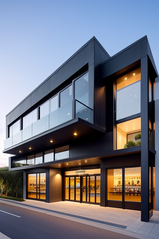 , Restaurant, Modern Architecture, sunset fachada de salon bar, de 14 metros de ancho, con un ingreso principal de puerta doble, con vidrio repartido, ventanas amplias que ocupen todo el frente y  un ingreso alternativo en el lado derecho como puerta de servicio, 