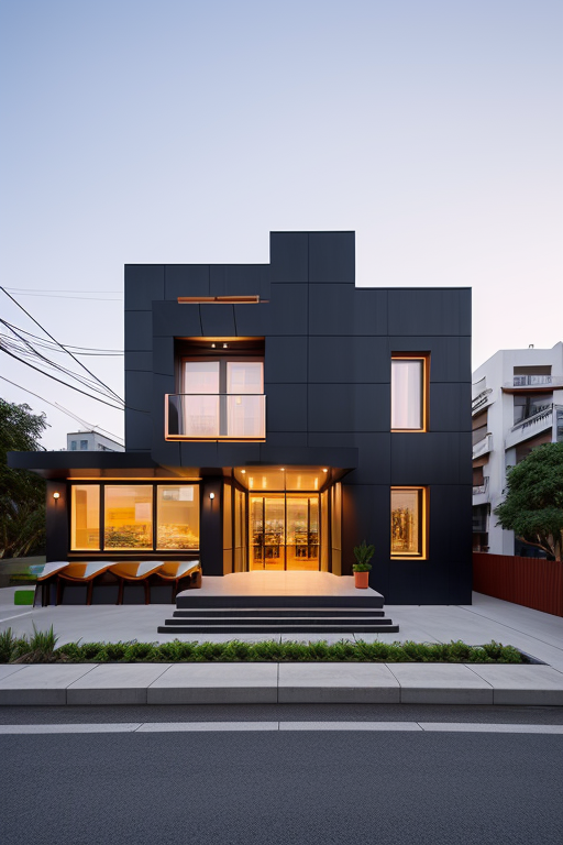 , Restaurant, Modern Architecture, sunset fachada de salon bar, de 14 metros de ancho, con un ingreso principal de puerta doble, con vidrio repartido, ventanas amplias que ocupen todo el frente y  un ingreso alternativo en el lado derecho como puerta de servicio, 