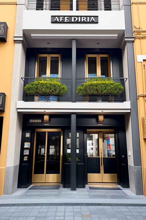 , Cafe, Post-Modern Architecture, afternoon, fachada de bar de 14 metros de frente, con un ingreso principa de puerta doble con vidrio repartido, con otro ingreso de servicio del lado derecho, con ventanales amplios y con vidrio repartido, que destaque el ingreso principal