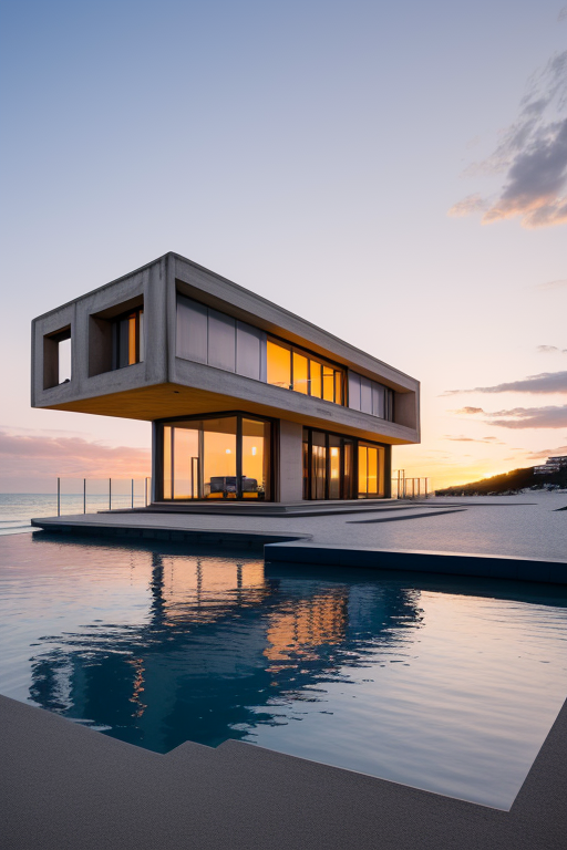 , Villa, designed by Renzo Piano, Brutalist Architecture, sunset, on the beach