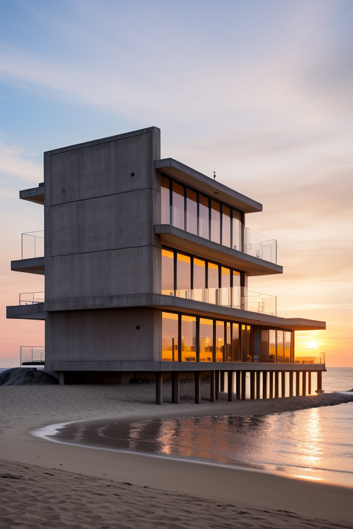 , Villa, designed by Renzo Piano, Brutalist Architecture, sunset, on the beach