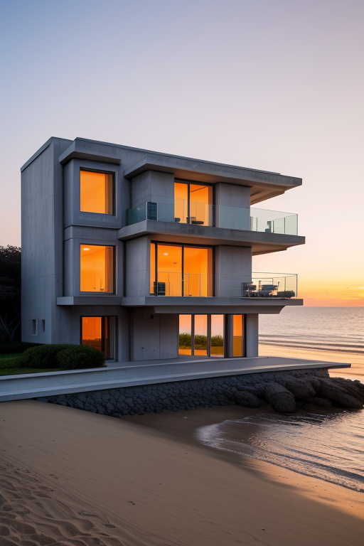 , Villa, designed by Renzo Piano, Brutalist Architecture, sunset, on the beach