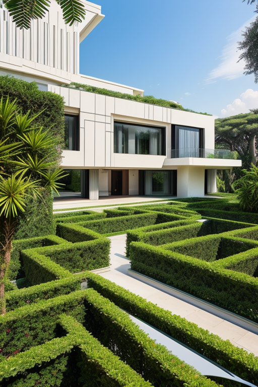 mansion surrounded by well-cared vegetation, in the background it has a maze, Building, designed by Zaha Hadid, Modern Architecture, morning, in Rome, Neofuturist Architecture, Bauhaus Architecture