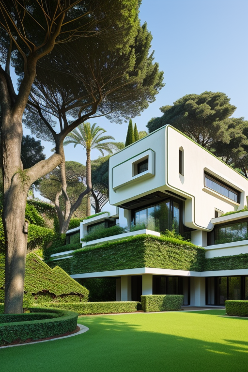 mansion surrounded by well-cared vegetation, in the background it has a maze, Building, designed by Zaha Hadid, Modern Architecture, morning, in Rome, Neofuturist Architecture, Bauhaus Architecture