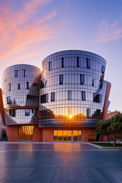 Baloncesto , Library, designed by Frank Gehry, Modern Architecture, sunset, in Barcelona