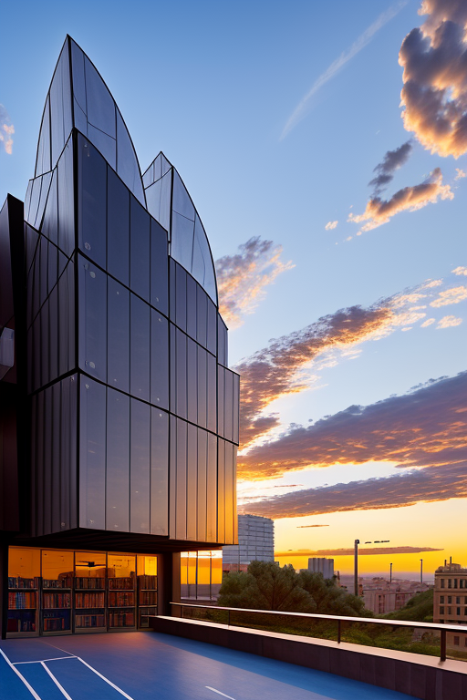 Baloncesto , Library, designed by Frank Gehry, Modern Architecture, sunset, in Barcelona