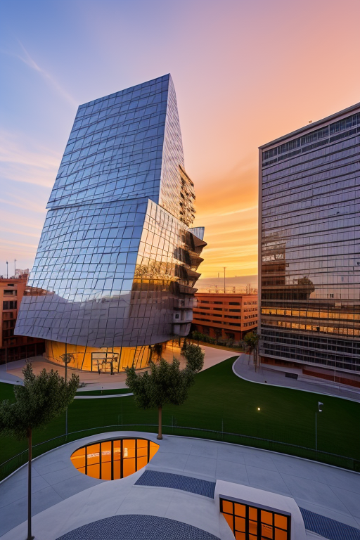 Baloncesto , Library, designed by Frank Gehry, Modern Architecture, sunset, in Barcelona