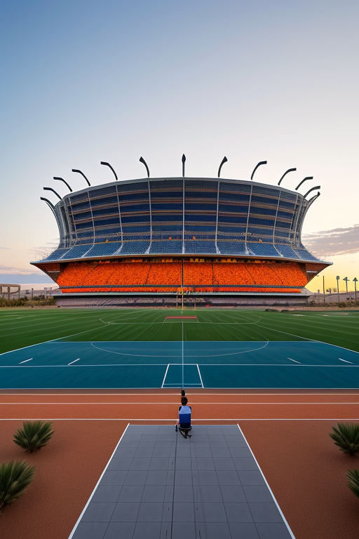 Mono jugando baloncesto , Stadium, Modern Architecture, afternoon, sunset, in the desert, designed by Norman Foster, University, designed by Gaudi, Modern Architecture, night time, afternoon, in the ocean