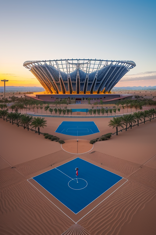 Mono jugando baloncesto , Stadium, Modern Architecture, afternoon, sunset, in the desert, designed by Norman Foster, University, designed by Gaudi, Modern Architecture, night time, afternoon, in the ocean