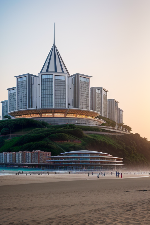 , University, designed by Norman Foster, Neofuturist Architecture, morning, on the beach