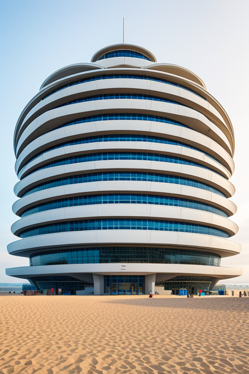 , University, designed by Norman Foster, Neofuturist Architecture, morning, on the beach