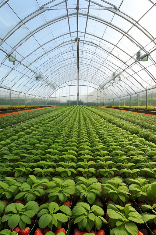 to make a hydroponic cultivation of strawberry plants with recirculating irrigation inside a greenhouse. 2000 strawberry plants are to be displayed in 5 tiers of channels., Factory, designed by Norman Foster, Parametric Architecture, morning, in the mountains