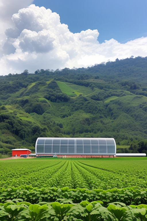 to make a hydroponic cultivation of strawberry plants. the view must be complete from the sky. the crop must be located in a land in the parish of santa rosa Ambato ecuador., Factory, designed by Norman Foster, Constructivism Architecture, morning, in the mountains