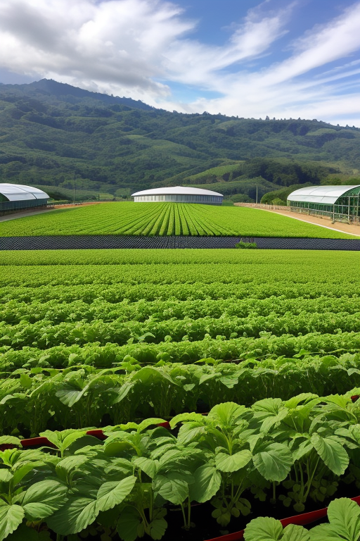 to make a hydroponic cultivation of strawberry plants. the view must be complete from the sky. the crop must be located in a land in the parish of santa rosa Ambato ecuador., Factory, designed by Norman Foster, Constructivism Architecture, morning, in the mountains