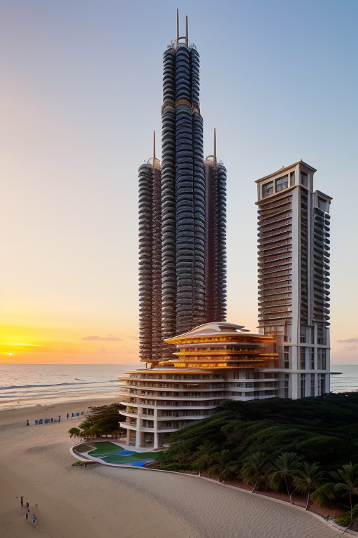 , Skyscraper, designed by Frank Lloyd Wright, Neofuturist Architecture, sunset, on the beach, Tower, designed by Oscar Niemeyer, Brutalist Architecture, sunset, on the beach, Mansion name iountk
