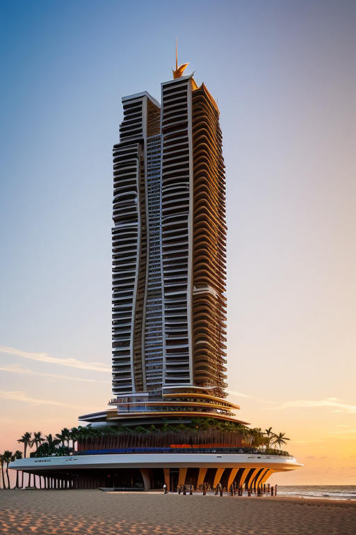 , Skyscraper, designed by Frank Lloyd Wright, Neofuturist Architecture, sunset, on the beach, Tower, designed by Oscar Niemeyer, Brutalist Architecture, sunset, on the beach, Mansion name iountk
