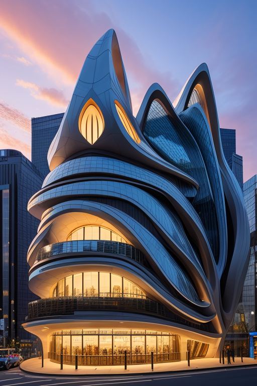 , Bar, designed by Zaha Hadid, designed by Gaudi, designed by Rem Koolhas, Bauhaus Architecture, sunset, in Tokyo