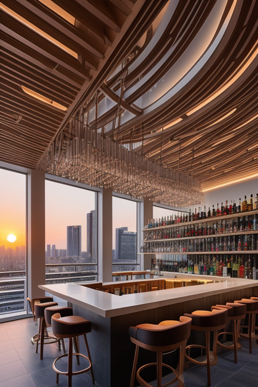 , Bar, designed by Zaha Hadid, designed by Gaudi, designed by Rem Koolhas, Bauhaus Architecture, sunset, in Tokyo