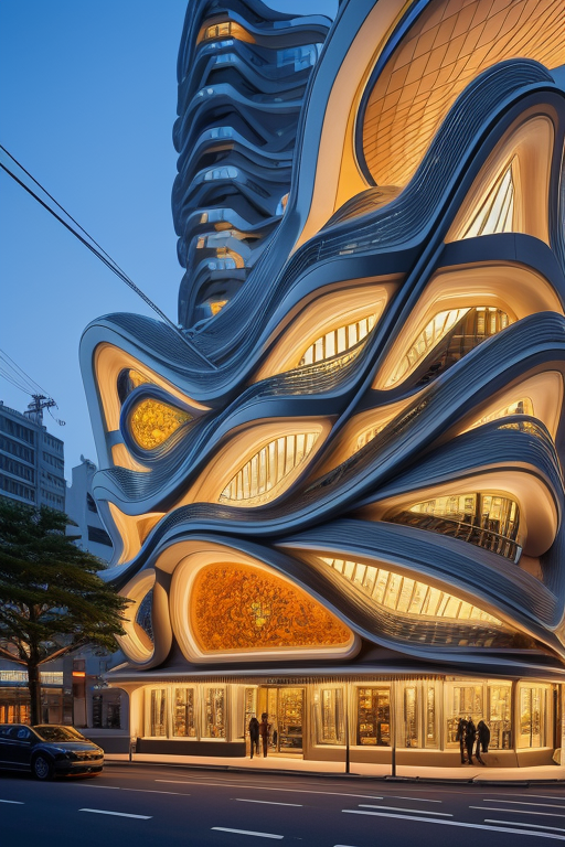 , Bar, designed by Zaha Hadid, designed by Gaudi, designed by Rem Koolhas, Bauhaus Architecture, sunset, in Tokyo