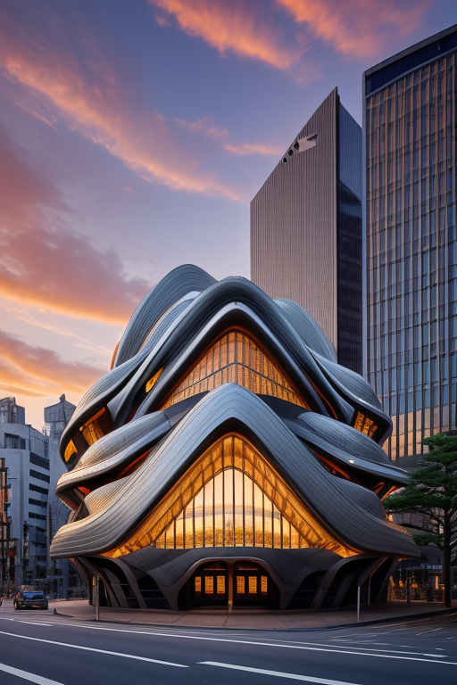 , Bar, designed by Zaha Hadid, designed by Gaudi, designed by Rem Koolhas, Bauhaus Architecture, sunset, in Tokyo