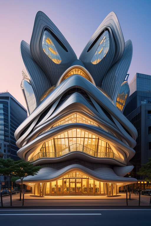 , Bar, designed by Zaha Hadid, designed by Gaudi, designed by Rem Koolhas, Bauhaus Architecture, sunset, in Tokyo