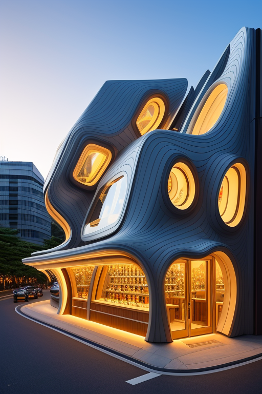 , Bar, designed by Zaha Hadid, designed by Gaudi, designed by Rem Koolhas, Bauhaus Architecture, sunset, in Tokyo