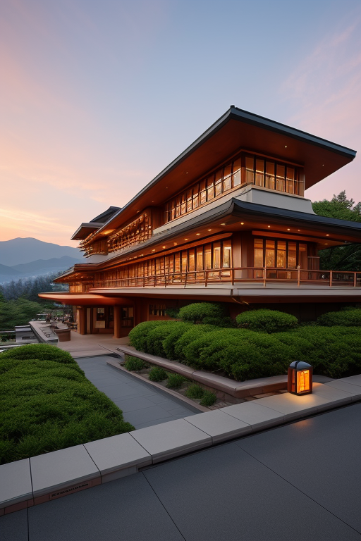, Bar, designed by Frank Lloyd Wright, designed by Rem Koolhas, Bauhaus Architecture, sunset, in Tokyo, in the mountains