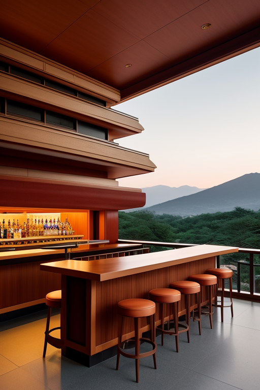 , Bar, designed by Frank Lloyd Wright, designed by Rem Koolhas, Bauhaus Architecture, sunset, in Tokyo, in the mountains
