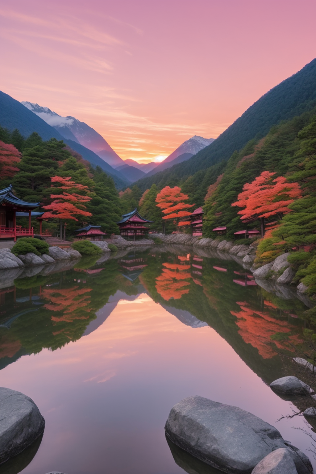 Pink and orange interior design. Panaramic windows. River. Hayao Miyazaki cartoon theme. Sunset. Mountains. Forest. Cold evening. , Japanese architecture