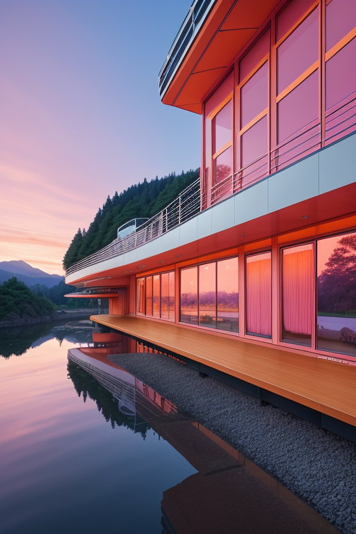 Pink and orange interior design. Panaramic windows. River. Hayao Miyazaki cartoon theme. Sunset. Mountains. Forest. Cold evening. , Japanese architecture, Afro Futurism architecture, designed by Zaha Hadid