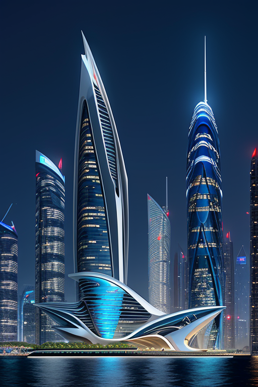 , Skyscraper, designed by Zaha Hadid, Neofuturist Architecture, night time, in the ocean